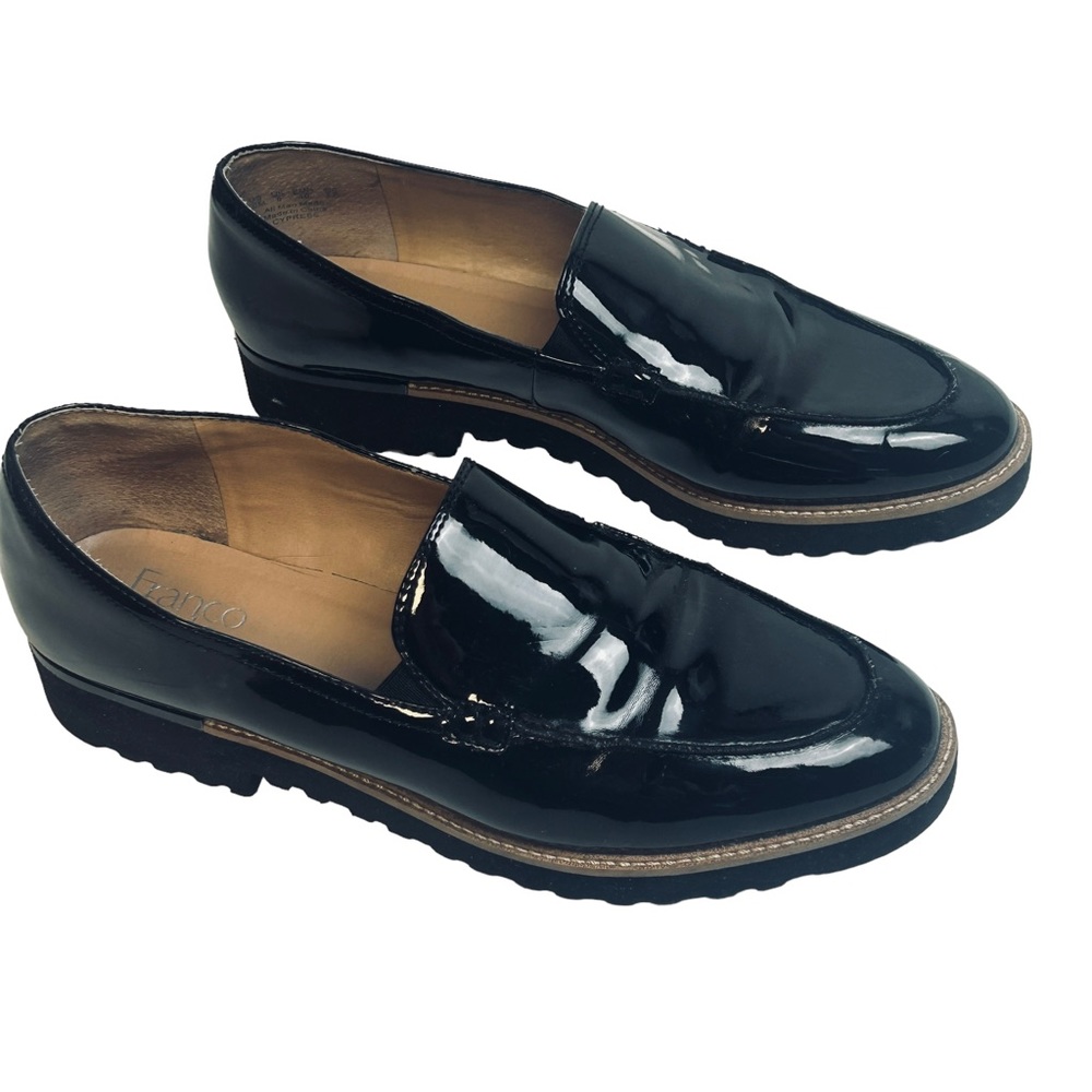 Franco Sarto Cypress Shiny Black Patent Loafers Tread Sole Size 10M